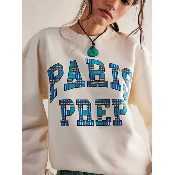 Free People First Port Paris Prep Graphic Sweatshirt size XSmall New Ivory - Picture 1 of 7